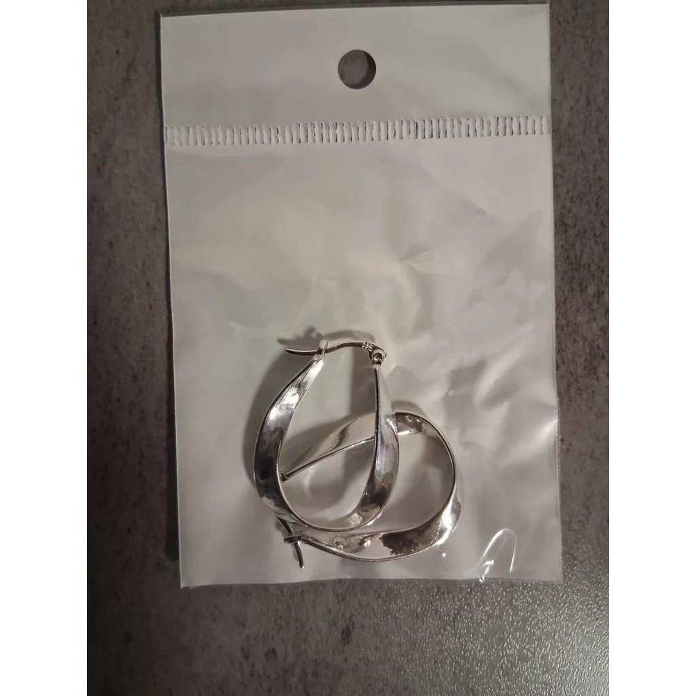 Silver Tone Twisted Hoop Earrings Latch Back Modern High Shine Ribbon Style